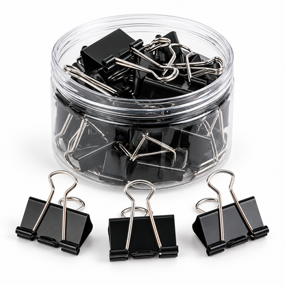 Black Binder Clips with Storage Container – 24 Pack