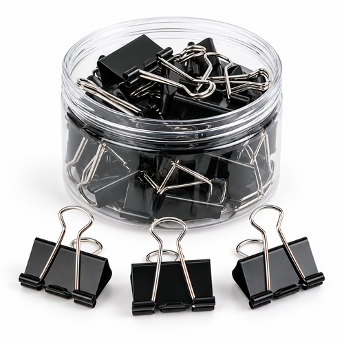 Black Binder Clips with Storage Container – 24 Pack